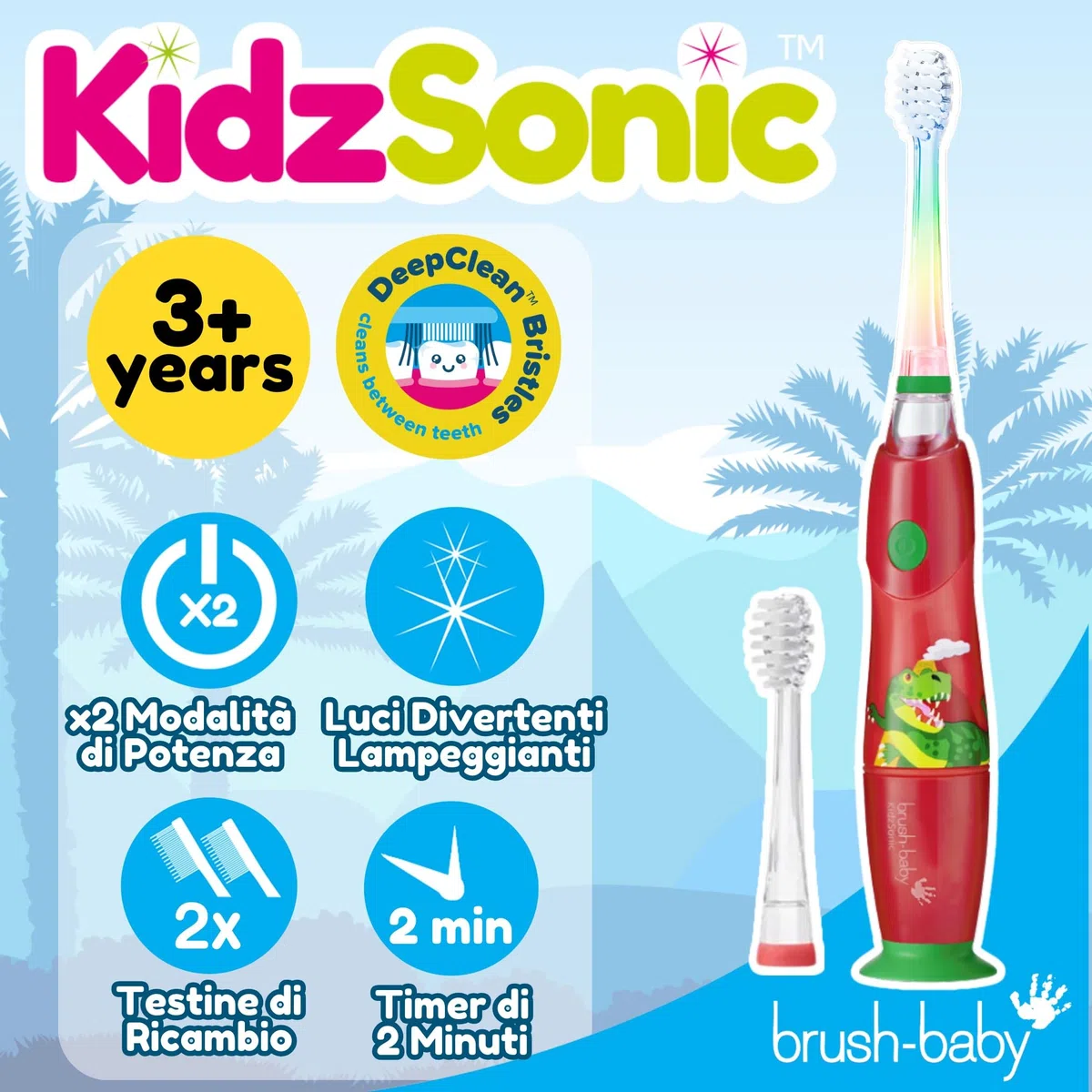 Brush Baby KidzSonic Spazzolino elettrico per bambini e ragazzi dai 3 anni in su -Dinosaur