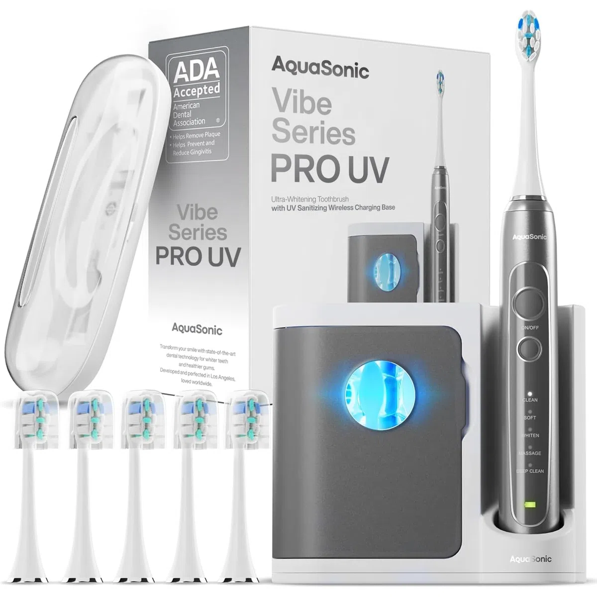 Aquasonic Vibe Series PRO - Spazzolino da denti ultra sbiancante - 5 modalità e timer intelligenti - Base disinfettante UV - ADA accettato (carbone metallico)
