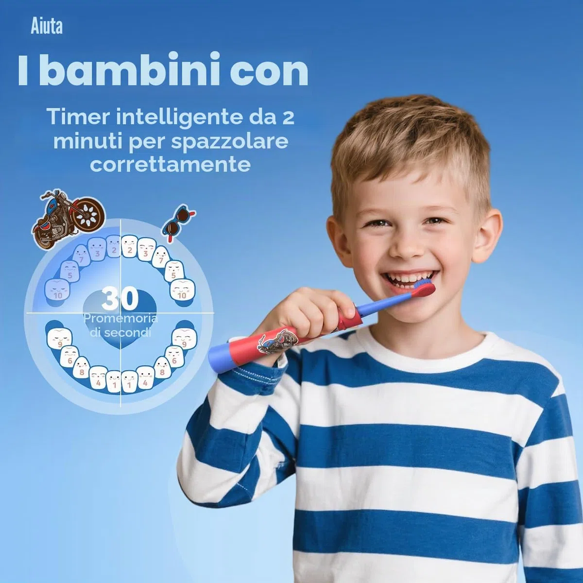 JTF Spazzolino Elettrico Bambini 3-12 Anni con 4 Testine, Timer, 5 Modalità di Pulizia, Timer Intelligente, Adesivi Personalizzabili - IPX7 Impermeabile Idea Regalo per Ragazzi