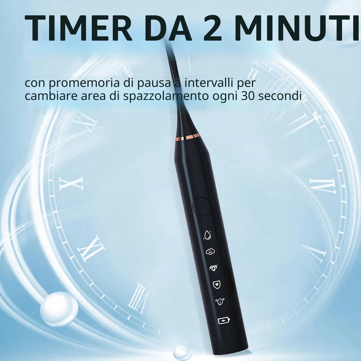 Spazzolino elettrico da 30.000 Vpm, ricaricabile, 6 testine, timer intelligente di 2 minuti, 5 modalità, con sbiancamento dei denti, nero