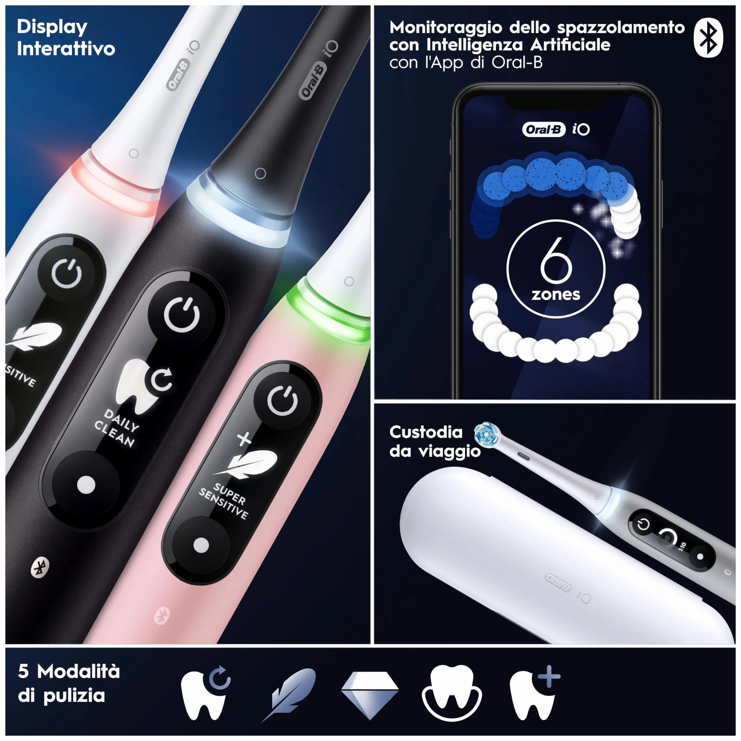 Oral-B iO 6 Spazzolino Elettrico Ricaricabile Grigio, 3 Testine Oral B Di Ricambio, 1 Custodia Da Viaggio. 1 Spazzolino Elettrico, Pulizia Denti Efficace