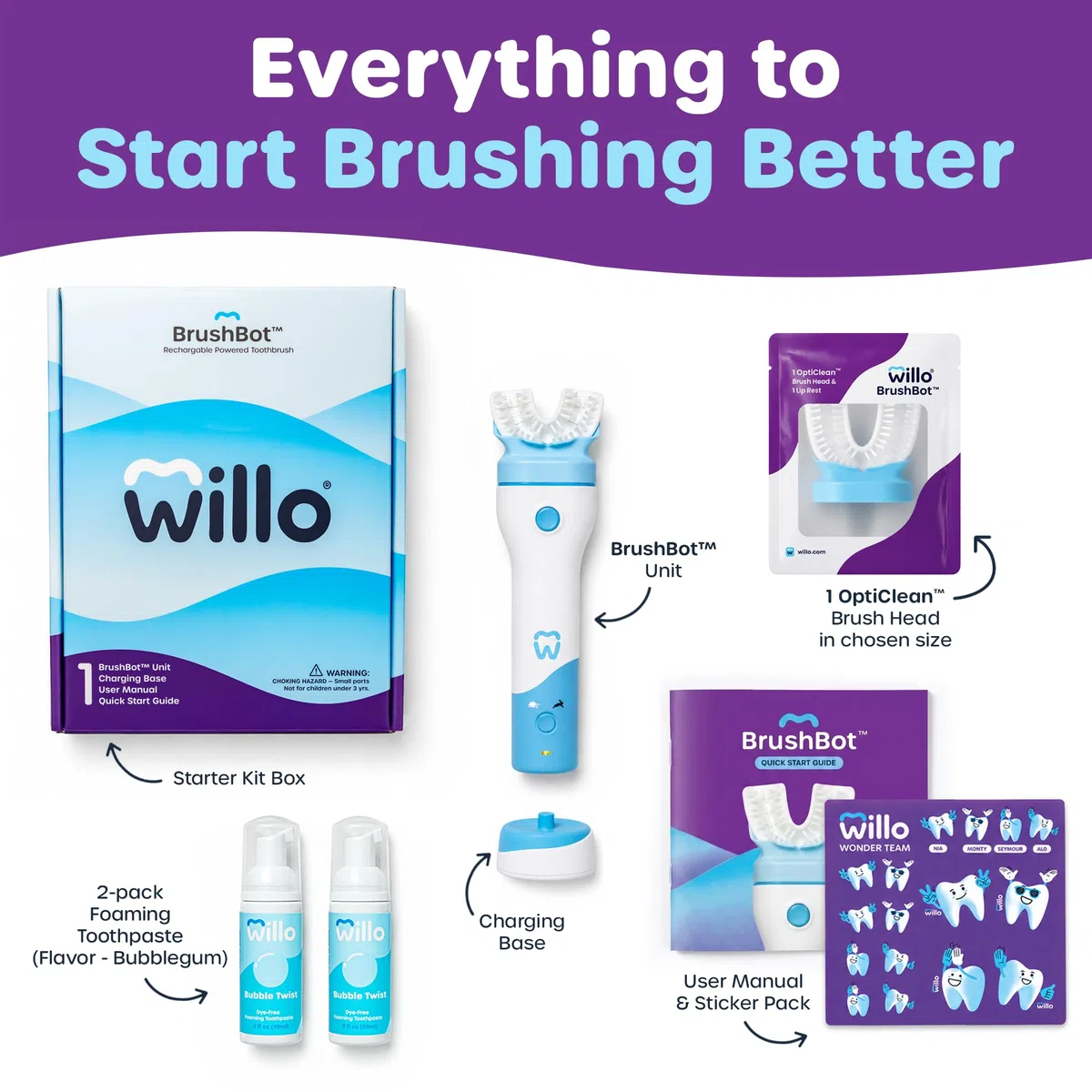 Willo BrushBot - Starter kit per bambini a forma di U, spazzolino automatico per bambini, timer da 2 minuti, connettività con app, setole morbide, ricaricabile, rimozione della placca, senza bolle