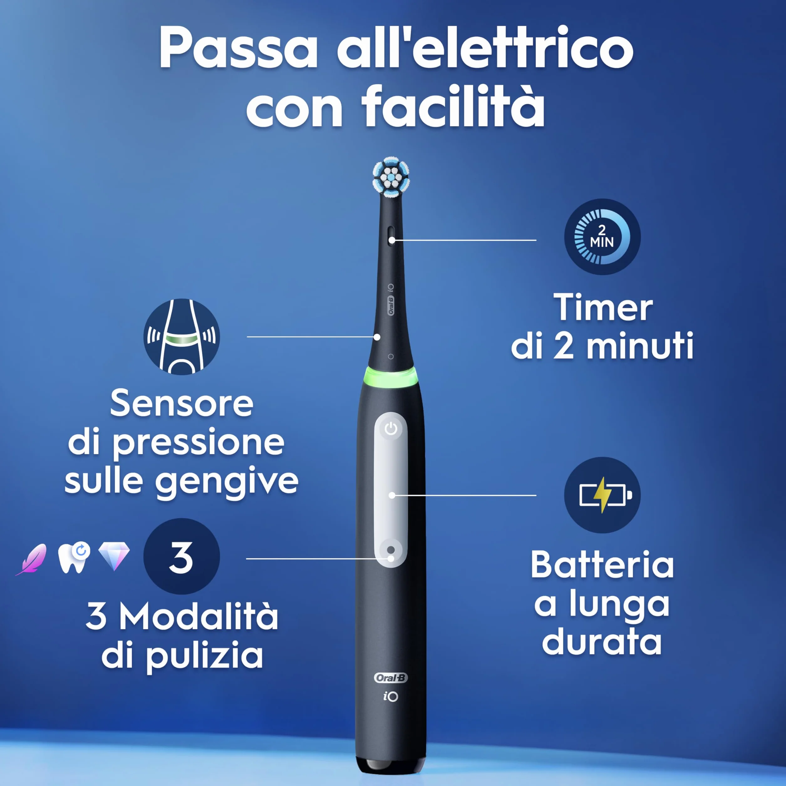 Oral-B Spazzolino Elettrico Ricaricabile iO 3 Nero, 1 Spazzolino Elettrico, 1 Testina Di Ricambio, Custodia Da Viaggio + Dentifricio Oral-B Advanced Protezione Gengive, Pulizia Denti Efficace
