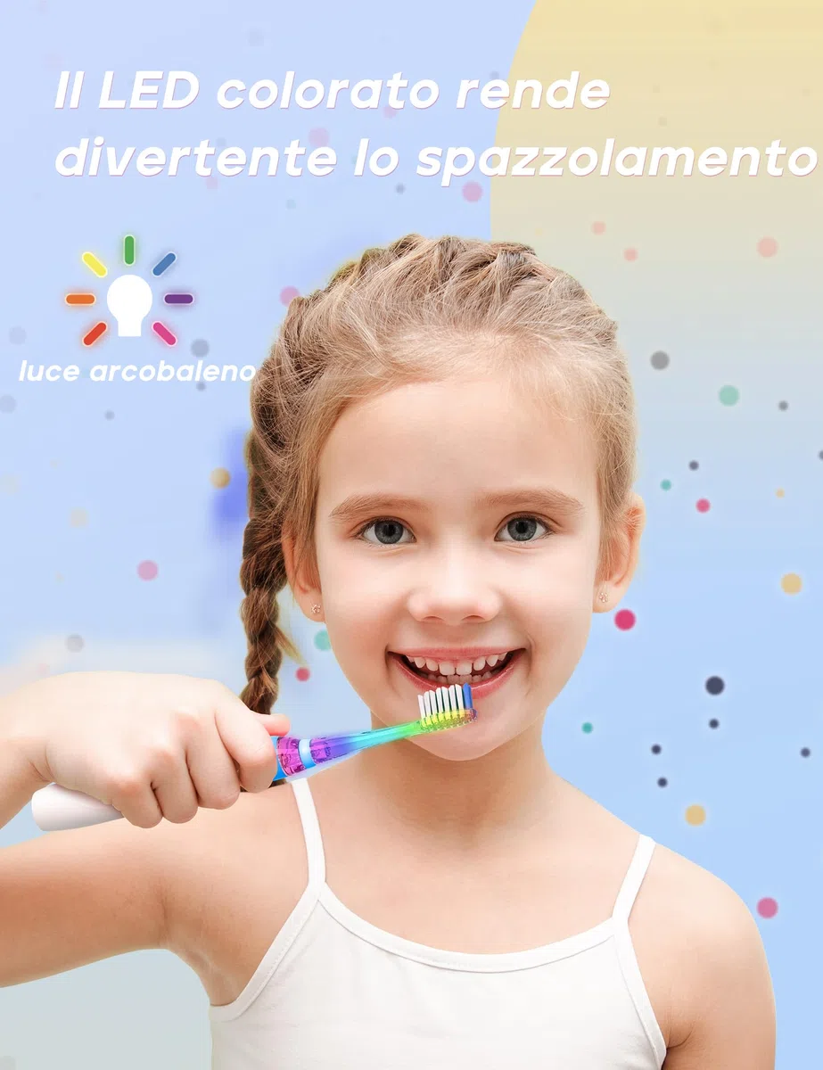 Seago Spazzolino Elettrico Bambini 3-12 Anni Spazzolino Bambini Spazzolini Elettrici Con 4 Testine Spazzolino Elettrico Luce LED Colorata e Osservante 4 Modalità Timer Intelligente SG-977, Blu