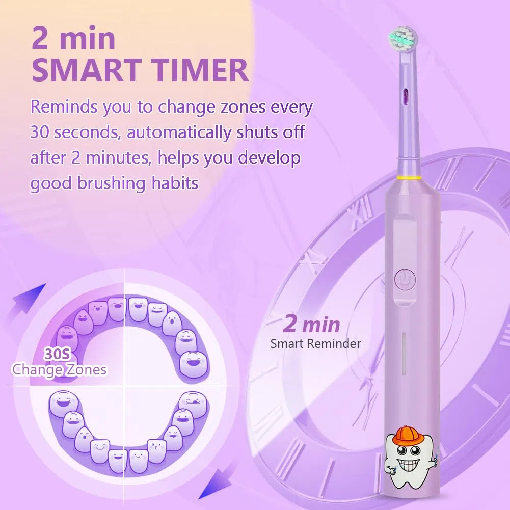Vicloon Spazzolino Elettrico Bambini dai 5-12 Anni,Spazzolino Bambini con 2 Pezzi Testina Dello Spazzolinos e Timer Intelligente,Luce Colorate LED,Vibrazione Morbido,IPX7 Impermeabile,Comodo Manico