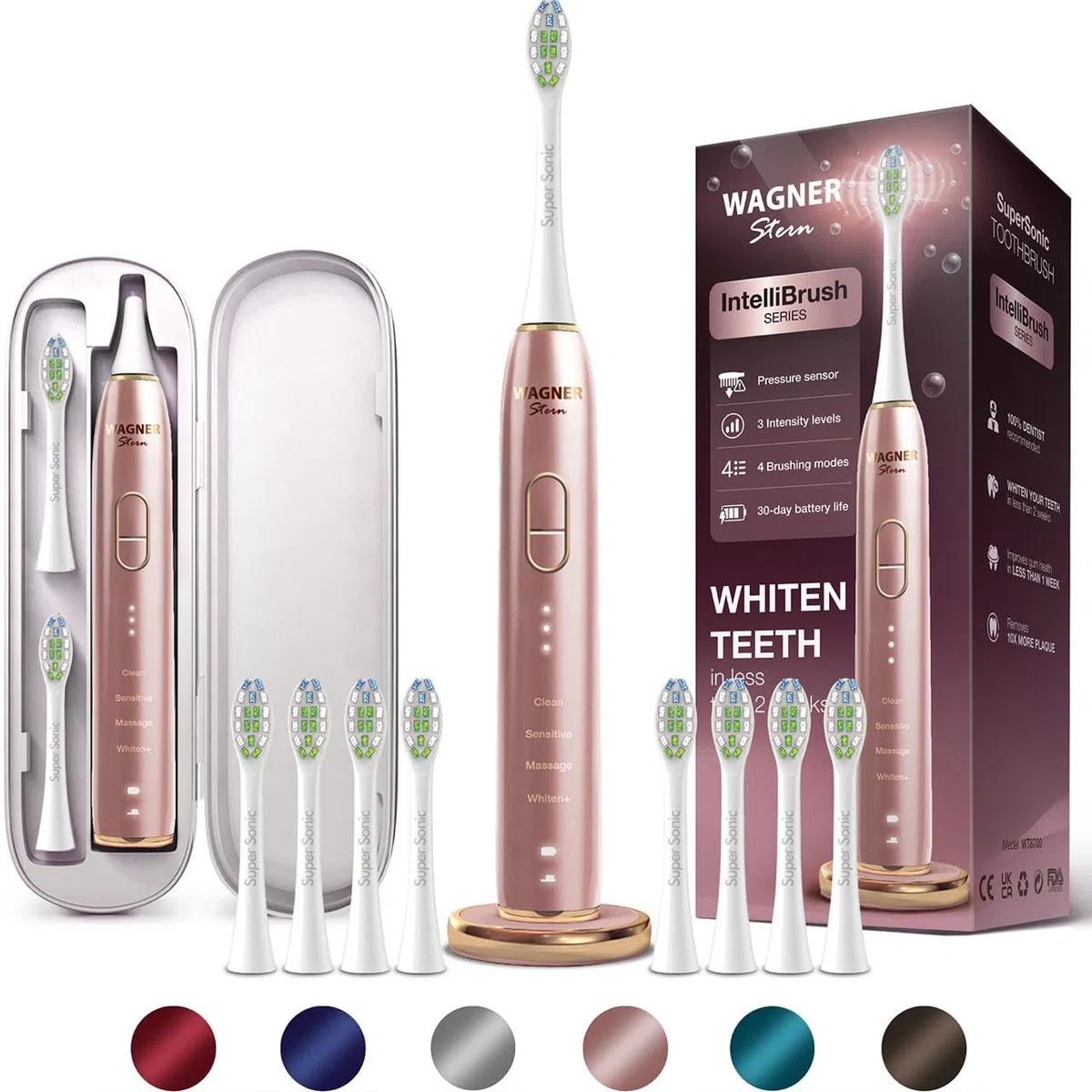 Wagner Stern IntelliBrush Series - Spazzolino elettrico sbiancante con sensore di pressione, 4 modalità di spazzolatura, 3 intensità, 8 testine morbide e una custodia da viaggio di lusso.