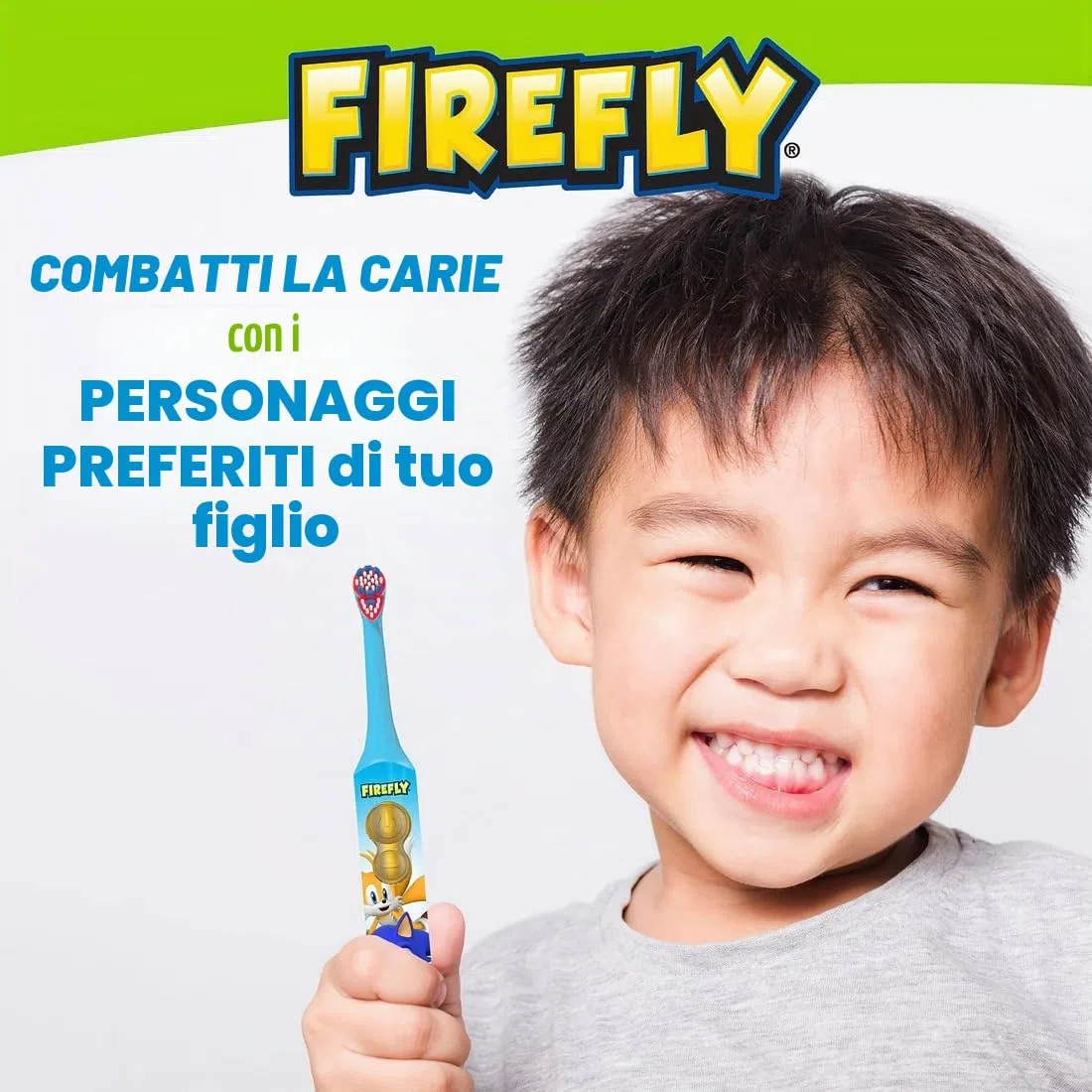 FIREFLY Clean & Protect, Sonic The Hedgehog Spazzolino da denti 3D morbido, copertura igienica 3D, impugnatura antiscivolo, batteria inclusa, età 3+