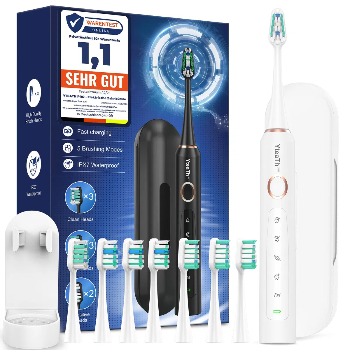 Spazzolino Elettrico Sonico per Sbiancante Denti - Spazzolino Denti Sonico Adulti con 8 Testine e Custodia, 5 Modalità, IPX7, Spazzolino Elettrico da Viaggio Ricaricabile, Bianco Perla