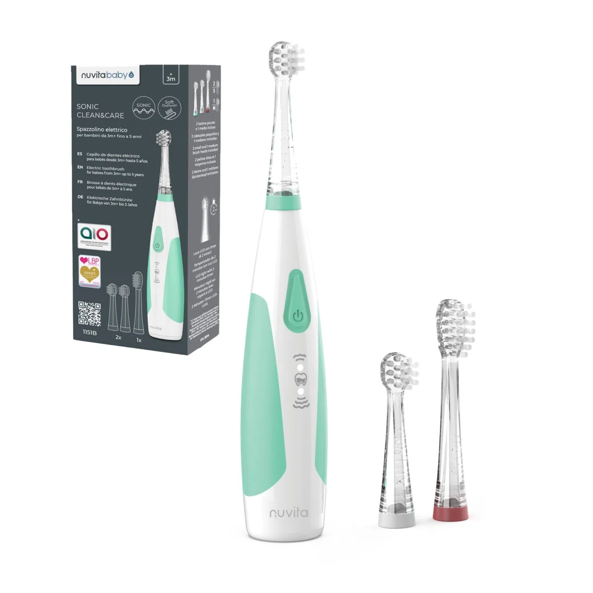 Nuvita 1151B | Spazzolino Elettrico Bambini Sonic Clean & Care | Spazzolino Elettrico per Bambini da 3 Mesi a 5 Anni | Spazzolino Luminoso Bambini | Spazzolini Elettrici | Approvato dall'AIO | 2023