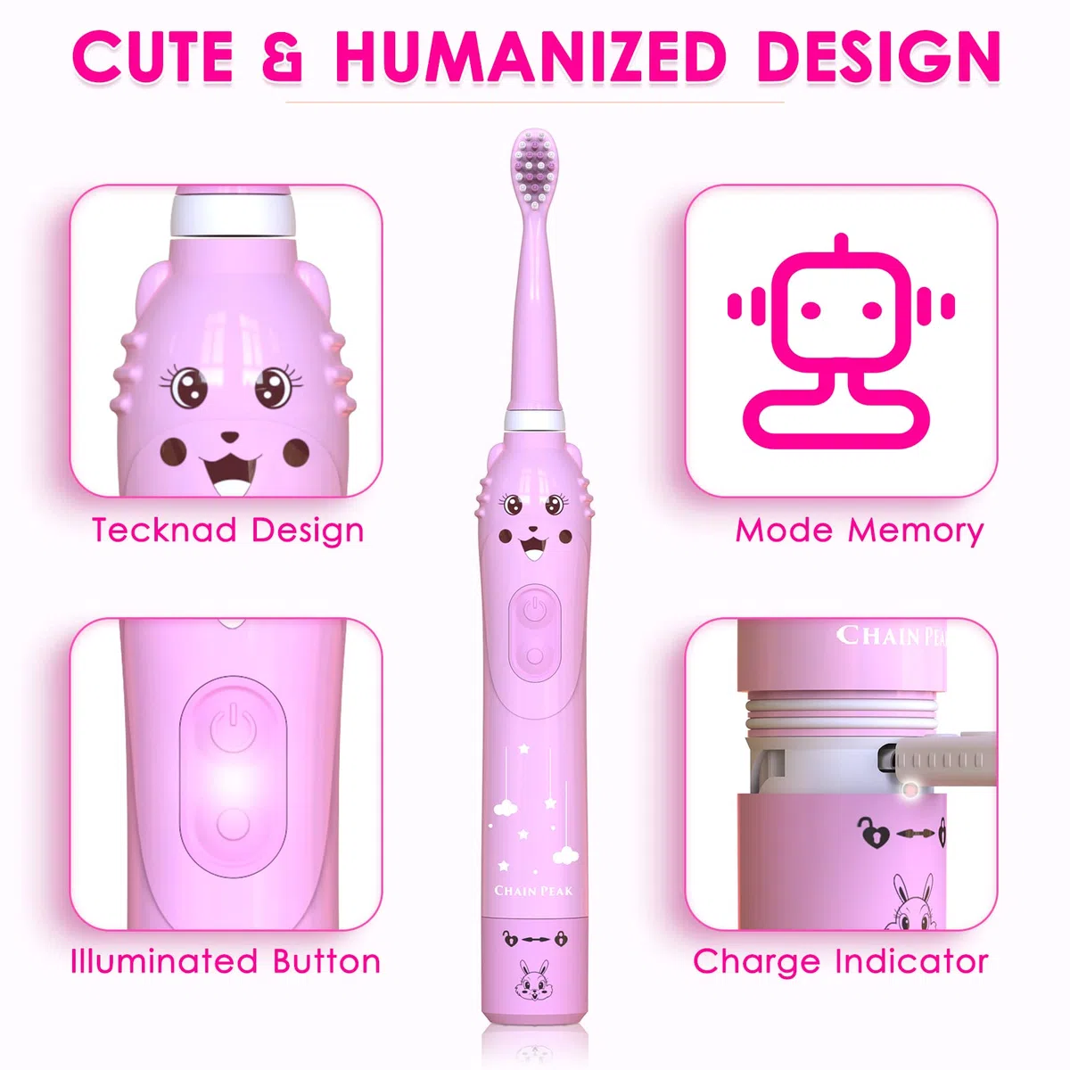 Spazzolino elettrico sonico per bambini, spazzolino ricaricabile per bambini, spazzolino sonico per ragazze dai 3 ai 12 anni con promemoria 30s, timer 2 minuti, 6 modalità, 4 testine con supporto