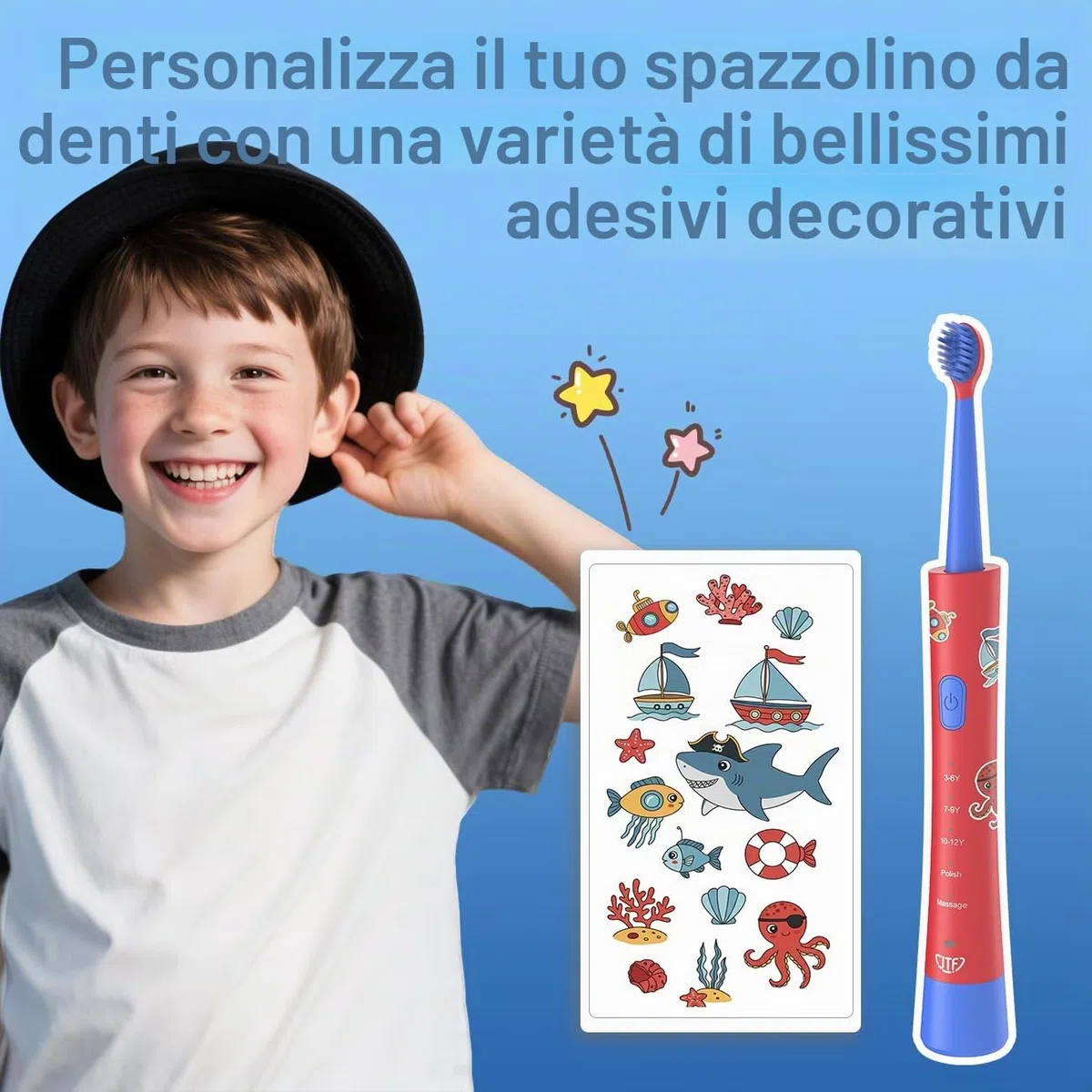 JTF Spazzolino Elettrico Bambini 3-12 Anni con 4 Testine, Timer, 5 Modalità di Pulizia, Timer Intelligente, Adesivi Personalizzabili - IPX7 Impermeabile Idea Regalo per Ragazzi