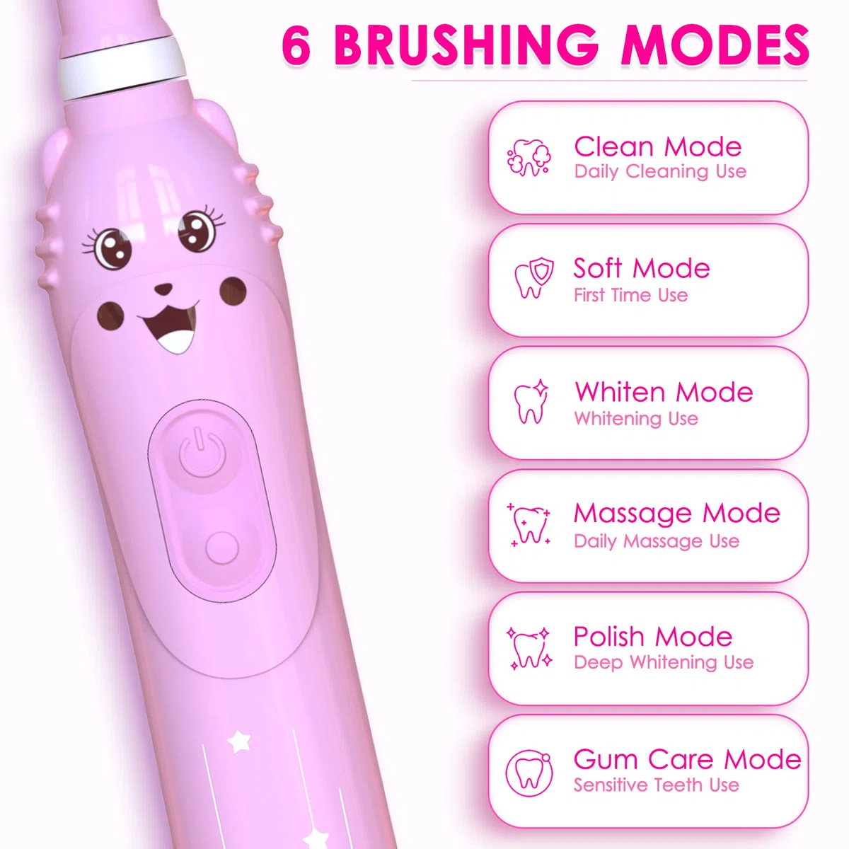 Spazzolino elettrico sonico per bambini, spazzolino ricaricabile per bambini, spazzolino sonico per ragazze dai 3 ai 12 anni con promemoria 30s, timer 2 minuti, 6 modalità, 4 testine con supporto