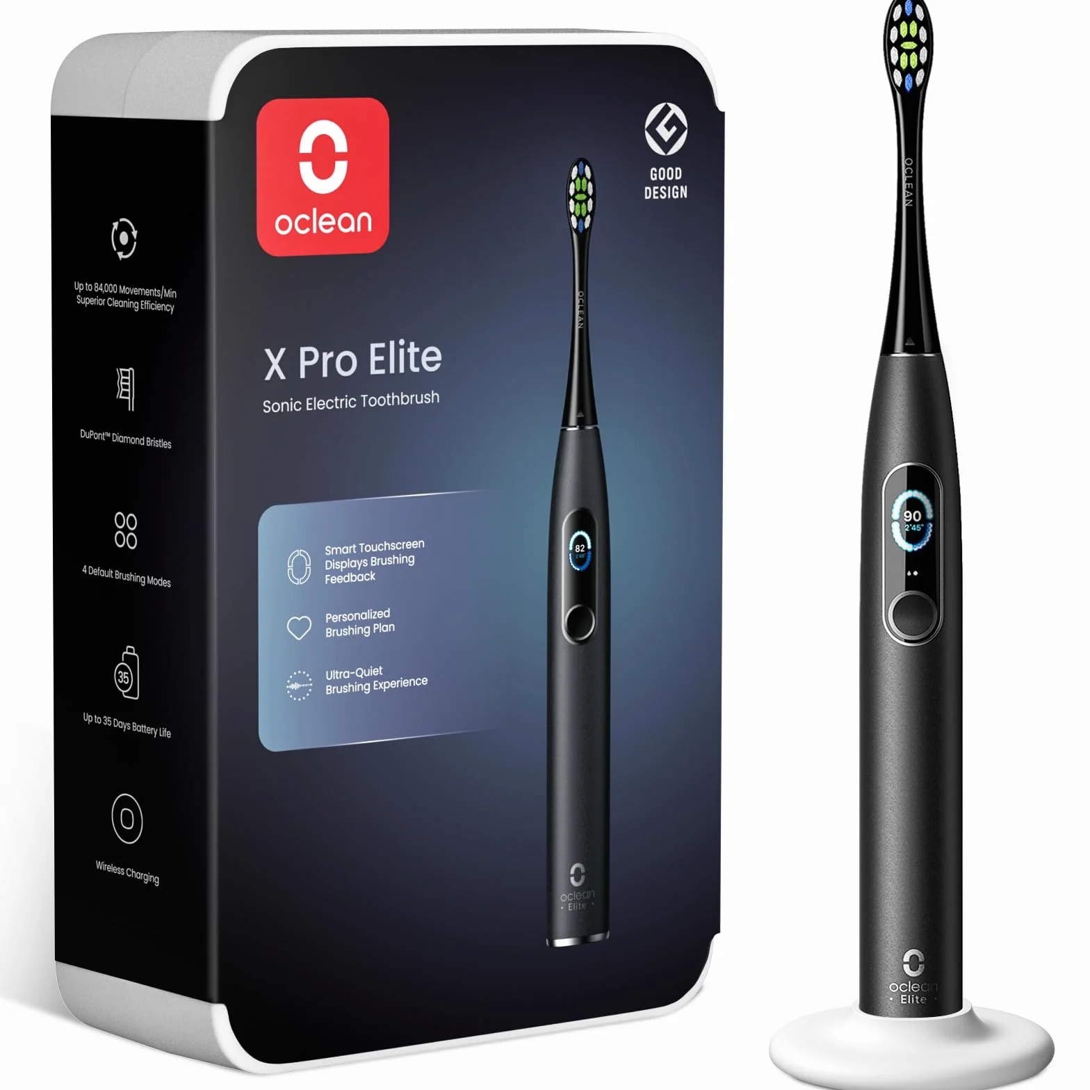 Oclean X Pro Elite Spazzolino Elettrico, Touch screen intelligente, 45 dB, 84.000 Movimenti al minuto, 32 Livelli di intensità, 4 Modalità, Sensore di pressione, Durata 35 giorni, IPX7, Nero