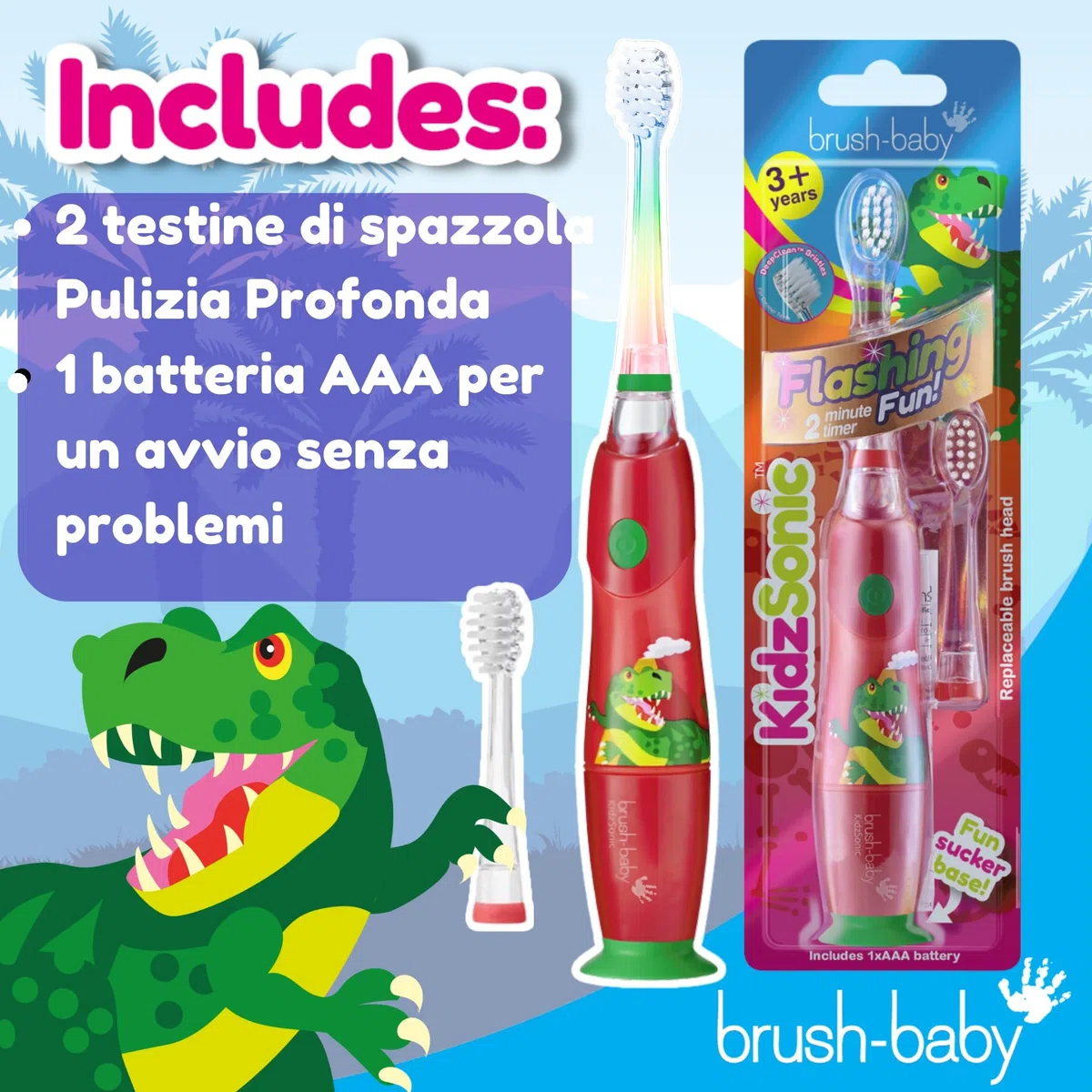 Brush Baby KidzSonic Spazzolino elettrico per bambini e ragazzi dai 3 anni in su -Dinosaur