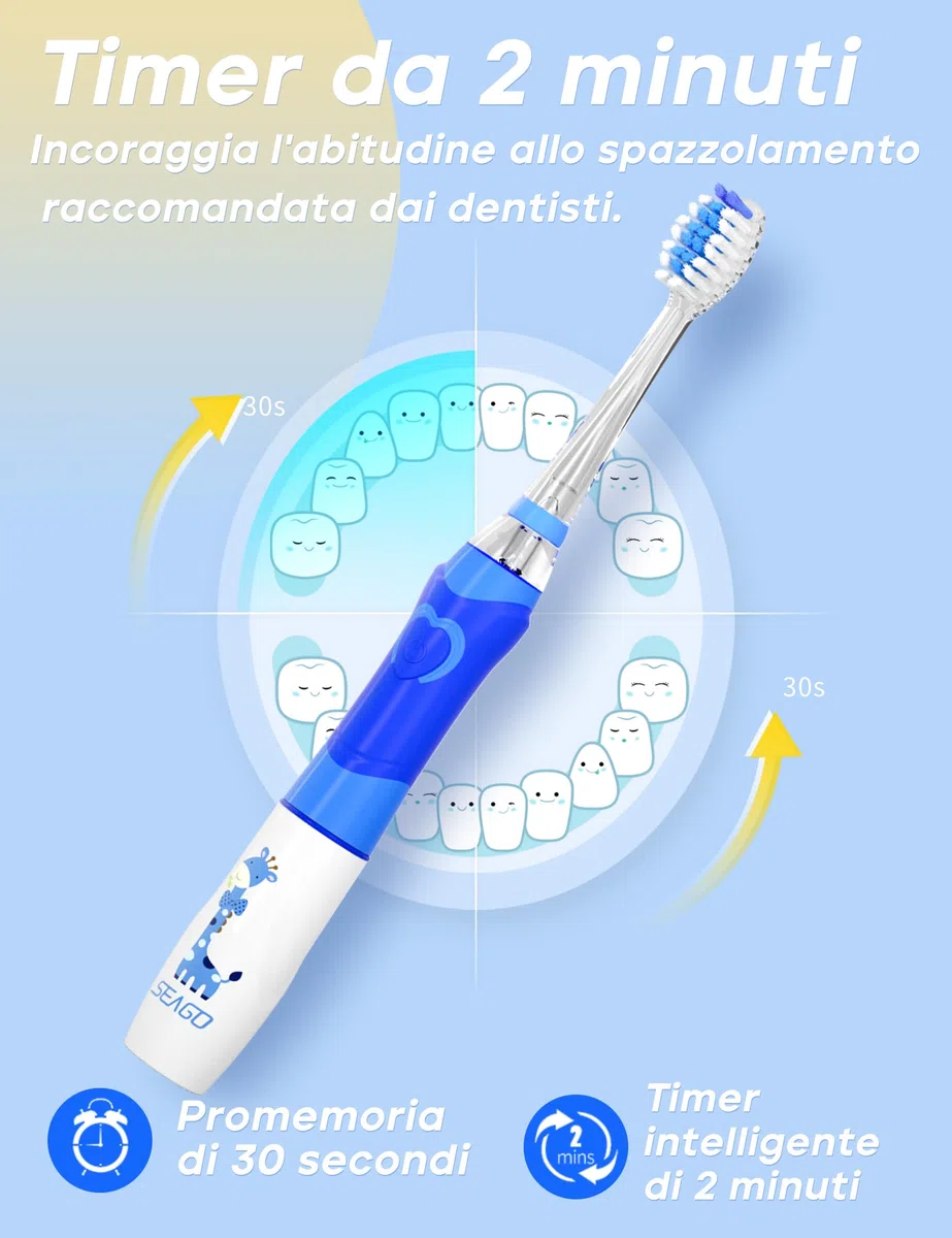Seago Spazzolino Elettrico Bambini 3-12 Anni Spazzolino Bambini Spazzolini Elettrici Con 4 Testine Spazzolino Elettrico Luce LED Colorata e Osservante 4 Modalità Timer Intelligente SG-977, Blu