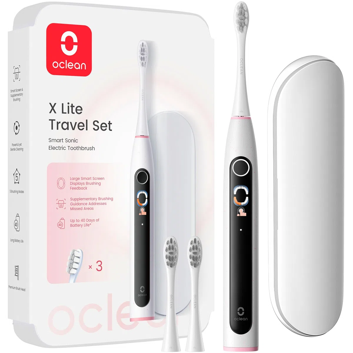 Oclean X Lite Spazzolino elettrico, Spazzolino elettrico intelligente, 5 Modalità, 72000 movimenti al minuto, Spazzolatura supplementari, Durata 40 giorni, Promemoria batteria scarica, IPX7, Grigio